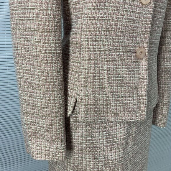 Le Suit 2 Piece Tweed Pastel Pink Tan Gold Accents Jacket & Skirt Suit Set Sz 8 - Picture 4 of 12